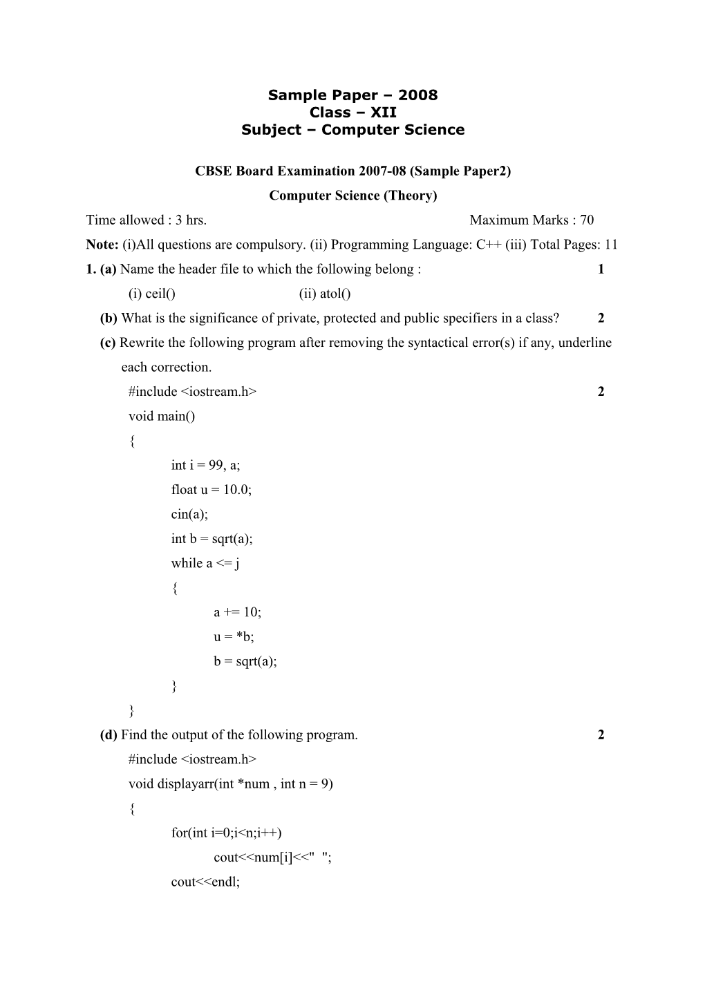 CBSE Board Examination 2007-08 (Sample Paper2)