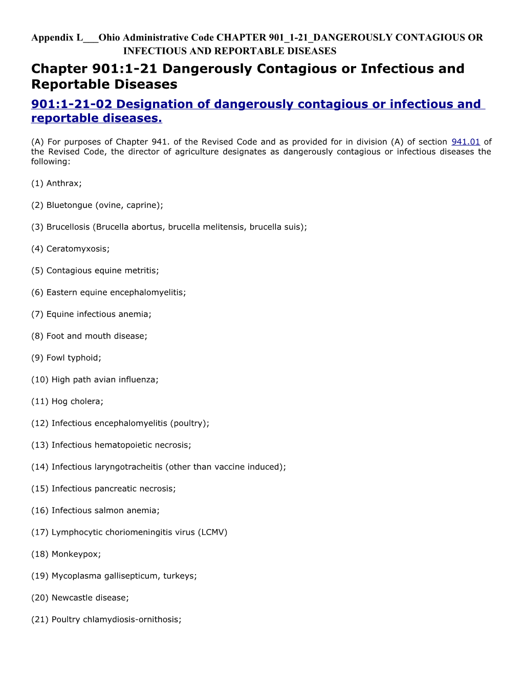 Appendix L___Ohio Administrative Code CHAPTER 901 1-21 DANGEROUSLY CONTAGIOUS OR INFECTIOUS