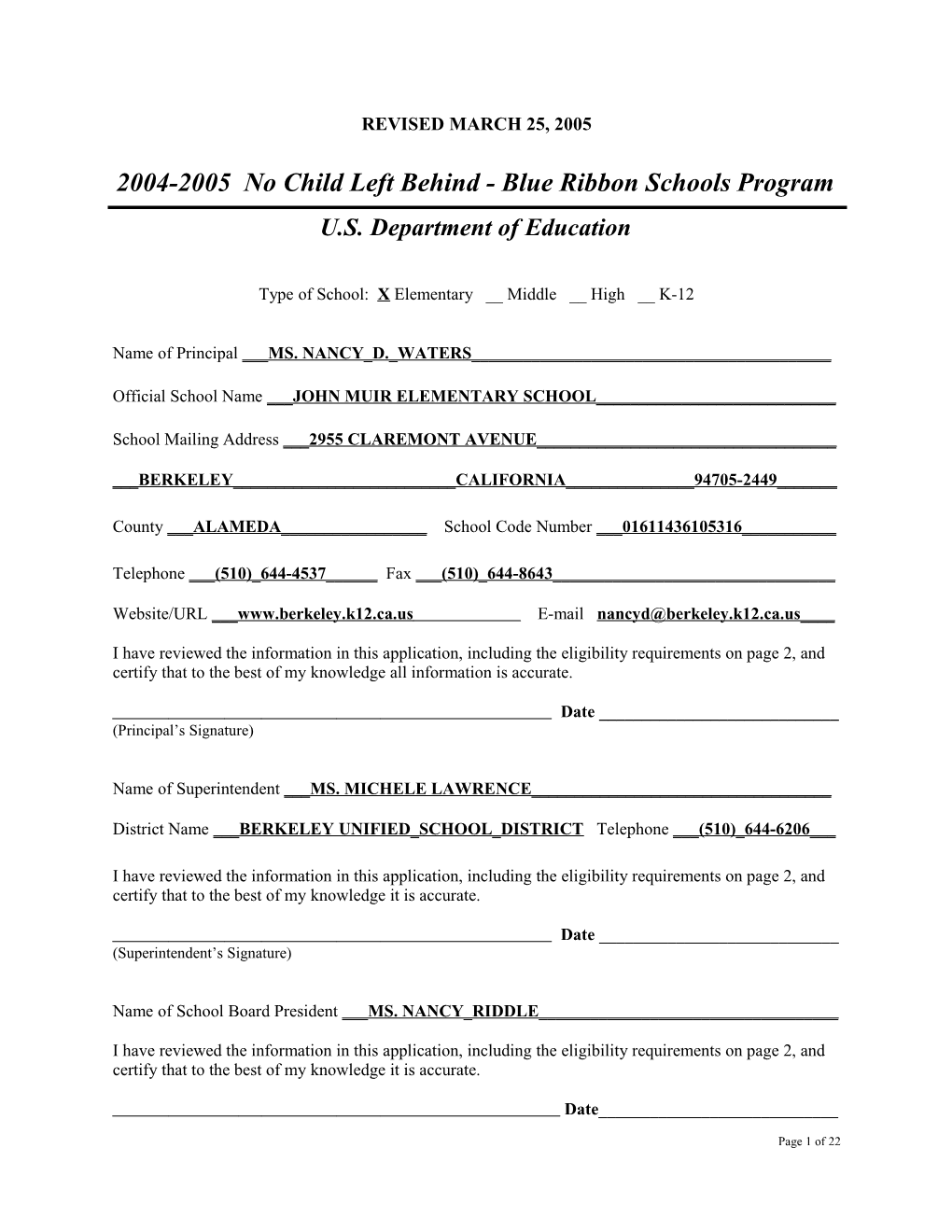 John Muir Elementary School Application: 2004-2005, No Child Left Behind - Blue Ribbon