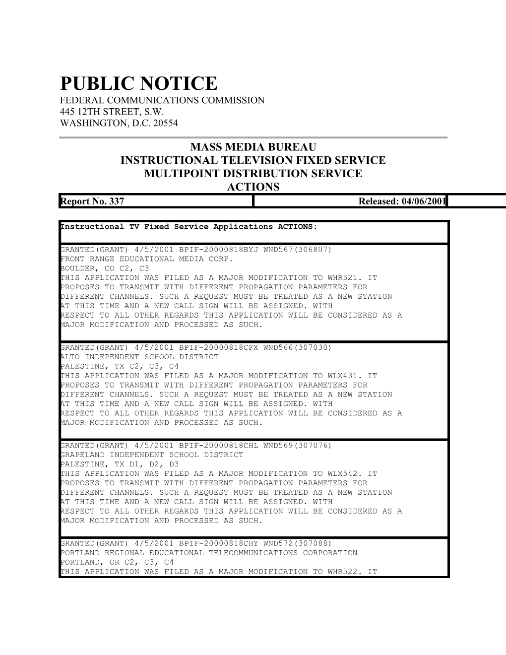 Public Notice Federal Communications Commission 445 12Th Street, S.W. Washington, D.C. 20554
