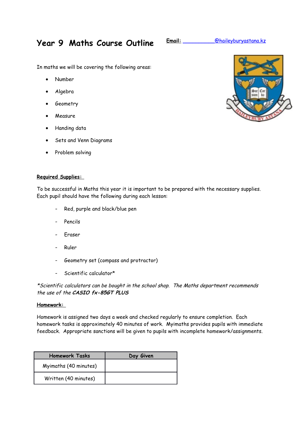 In Maths We Will Be Covering the Following Areas