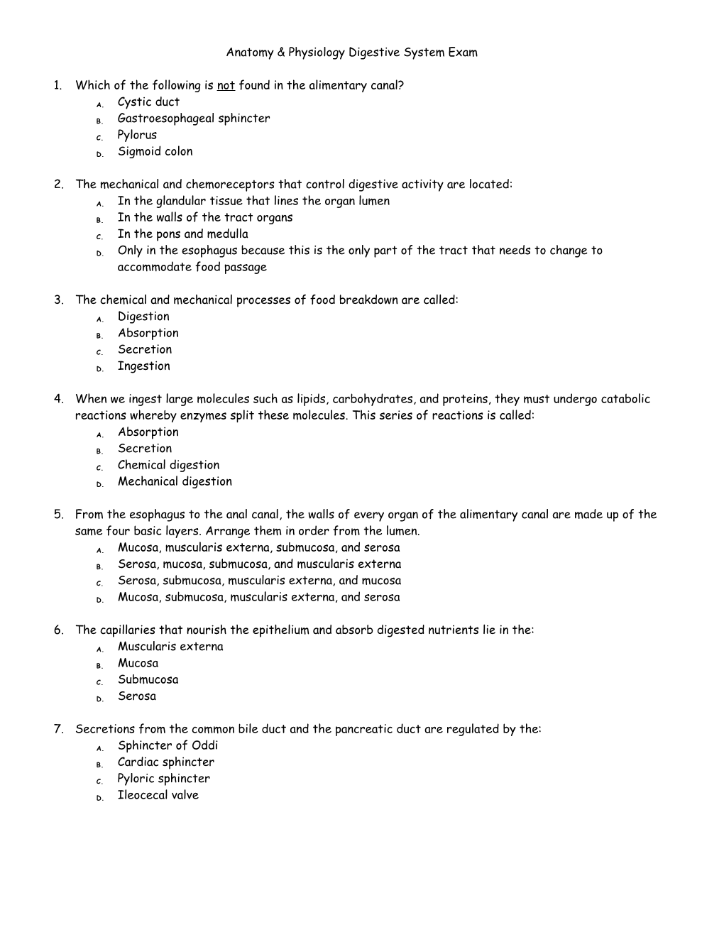 Anatomy & Physiology Digestive System Exam