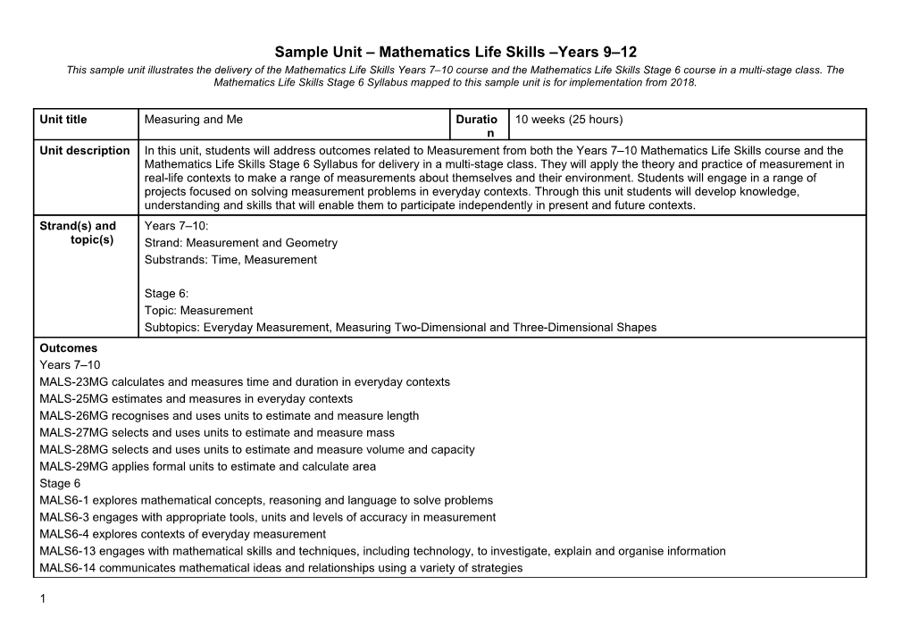 Sample Unit Mathematics Life Skills Years 9 12