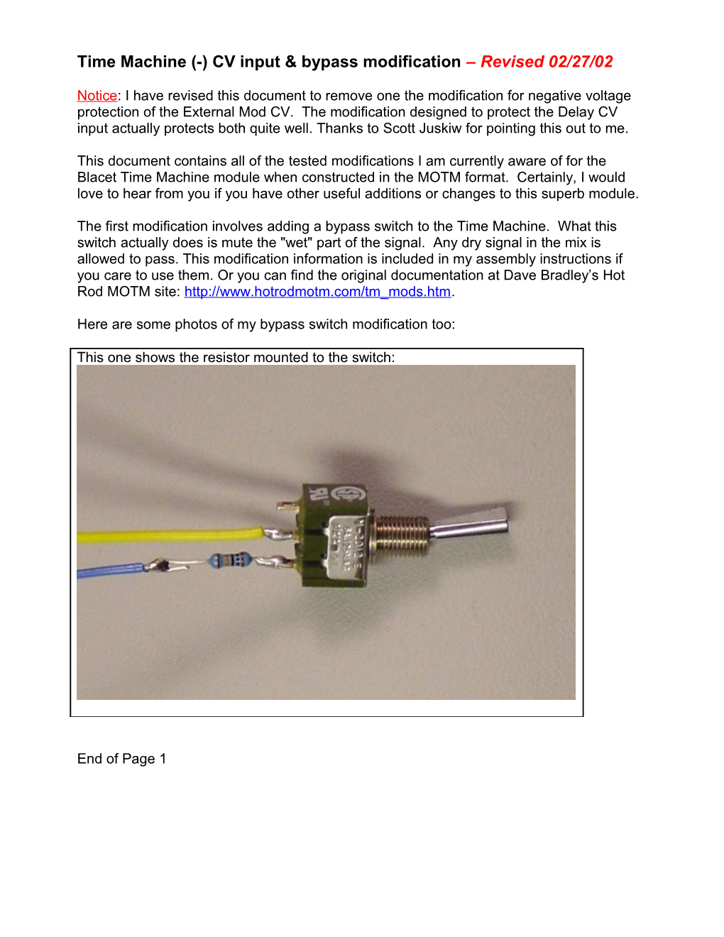 Time Machine (-) CV Input & Bypass Modification New 01/26/02