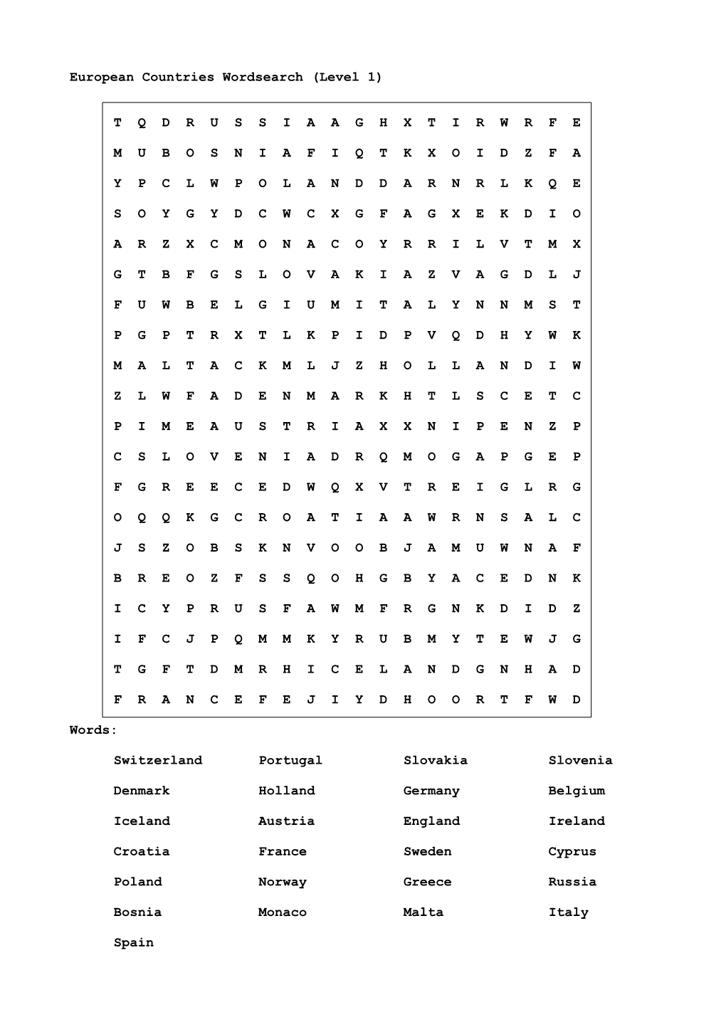 European Countries Wordsearch (Level 1)