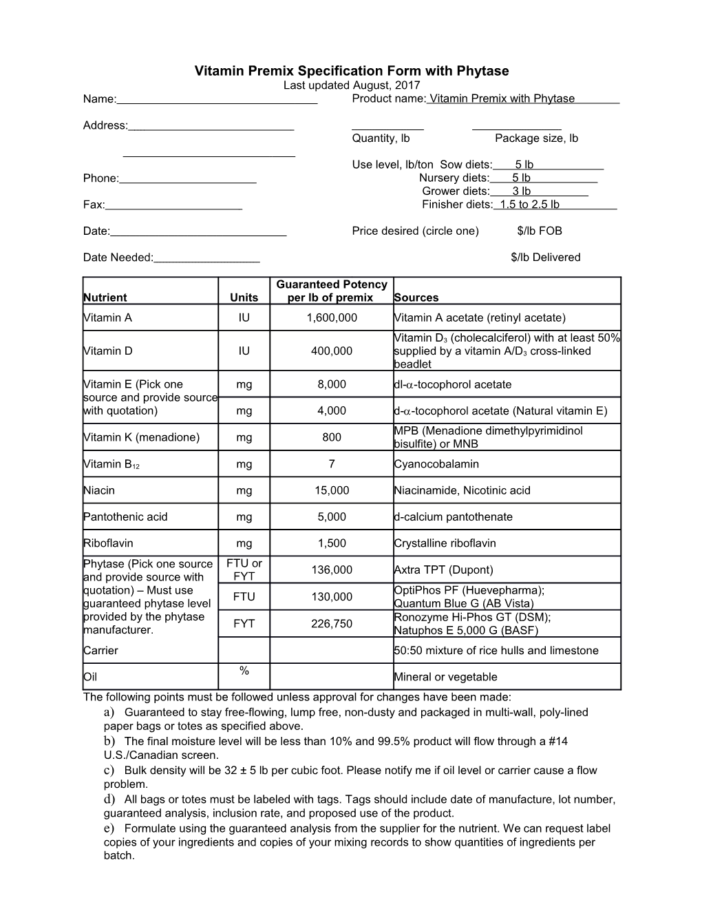 Vitamin Premix Specification Form