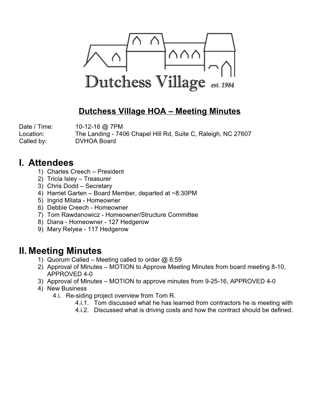 Dutchess Village HOA Meeting Minutes