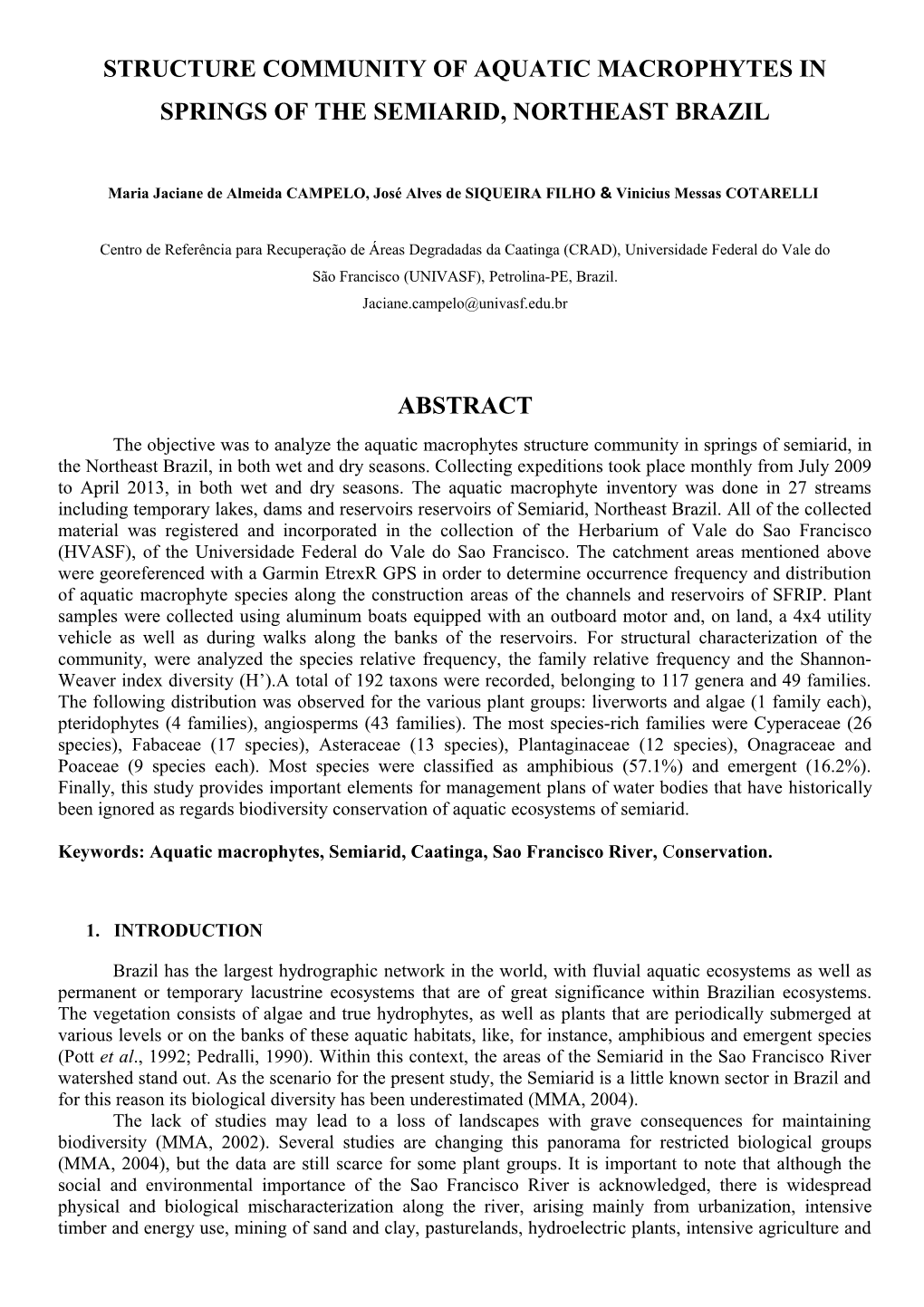 Structure Community of Aquatic Macrophytes in Springs of the Semiarid, Northeast Brazil