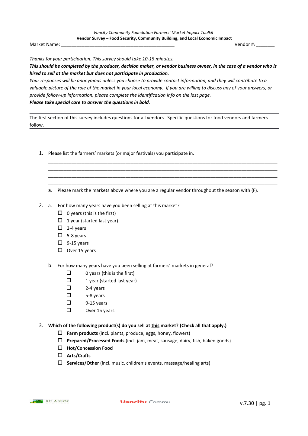 Vendor Survey Food Security, Community Building, and Local Economic Impact