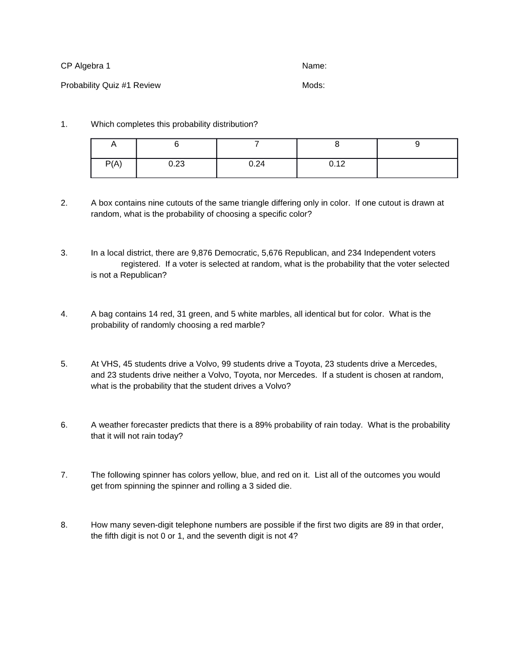 Probability Quiz #1 Review Mods