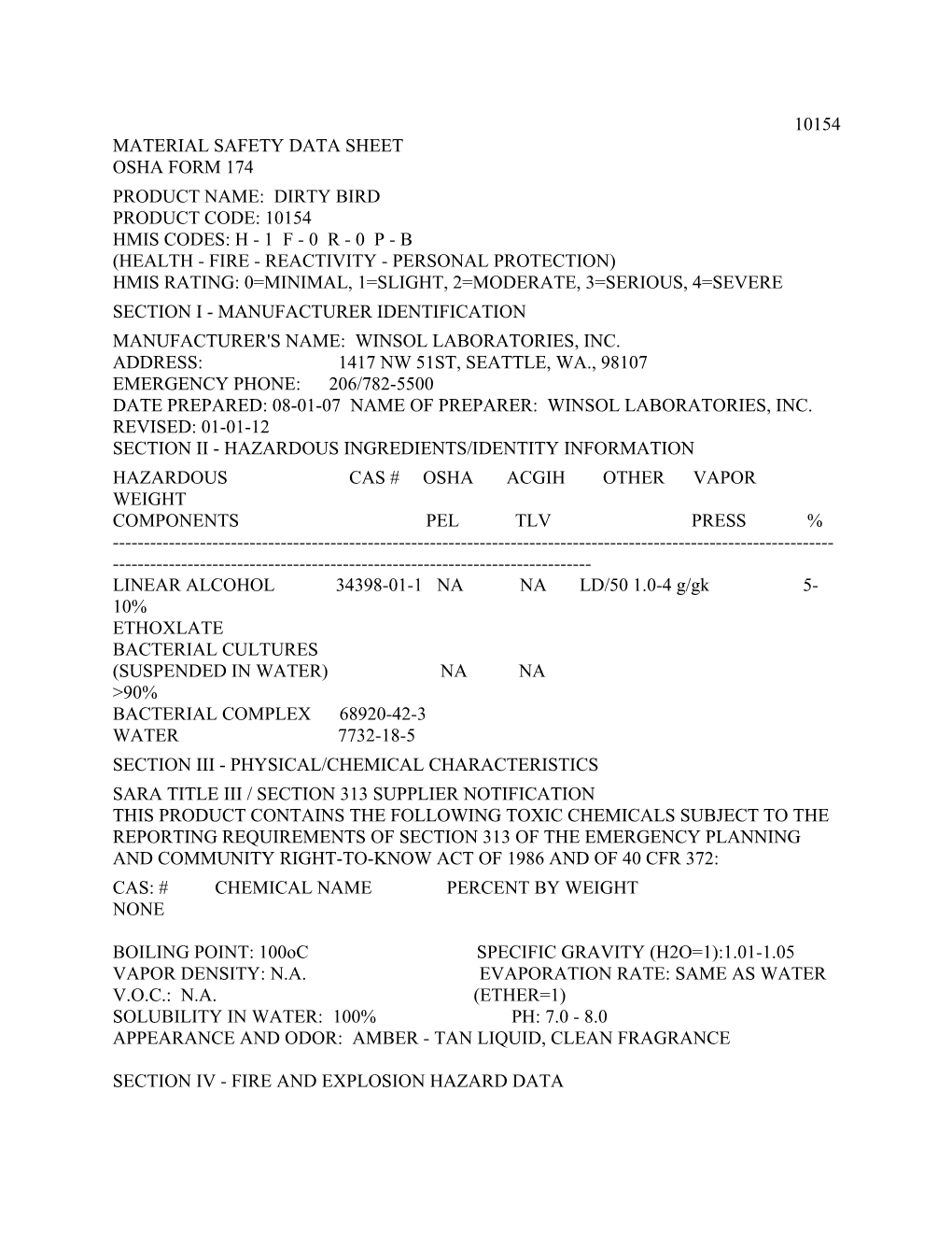 Material Safety Data Sheet Osha Form 174