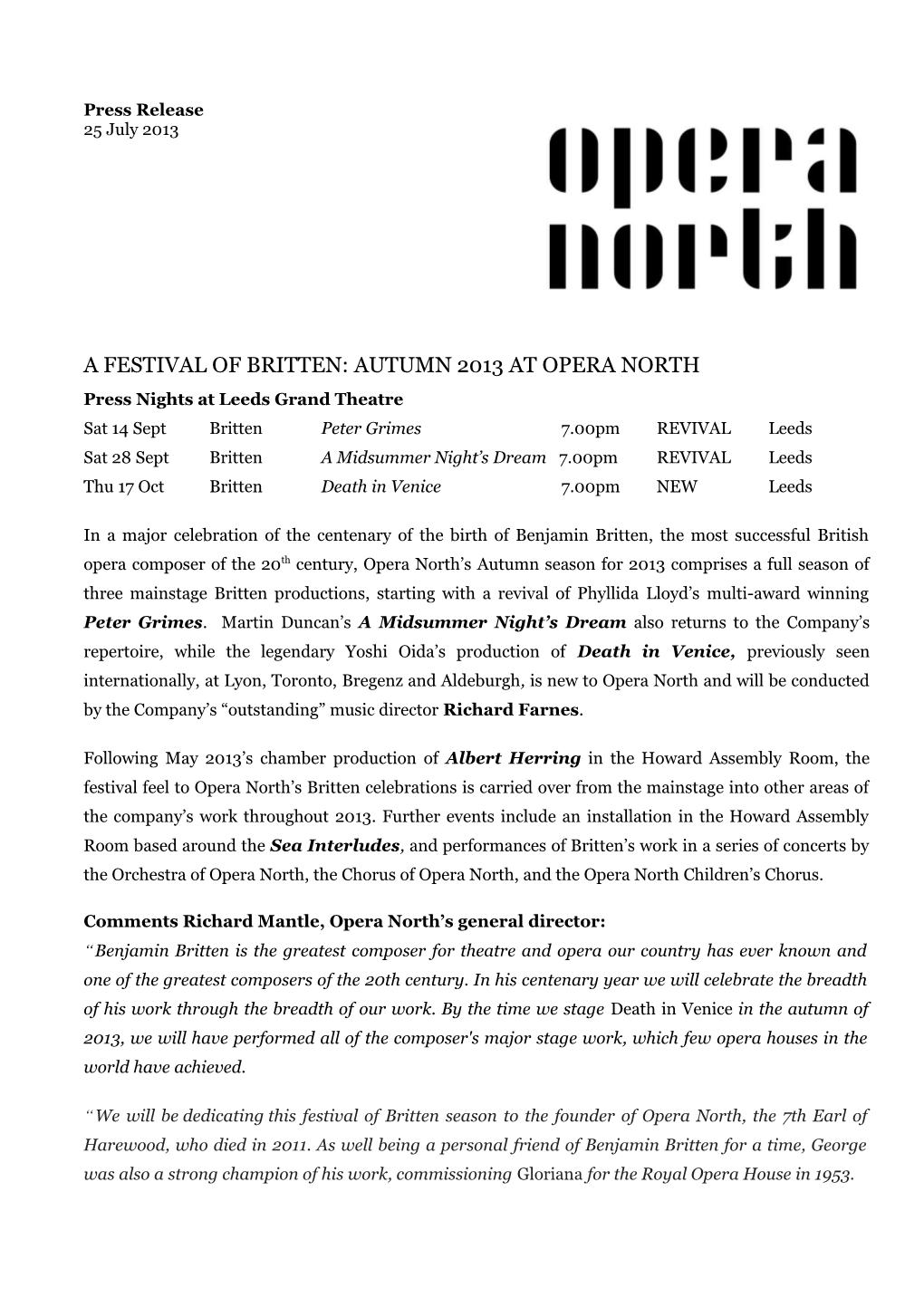 A Festival of Britten: Autumn 2013 at Opera North