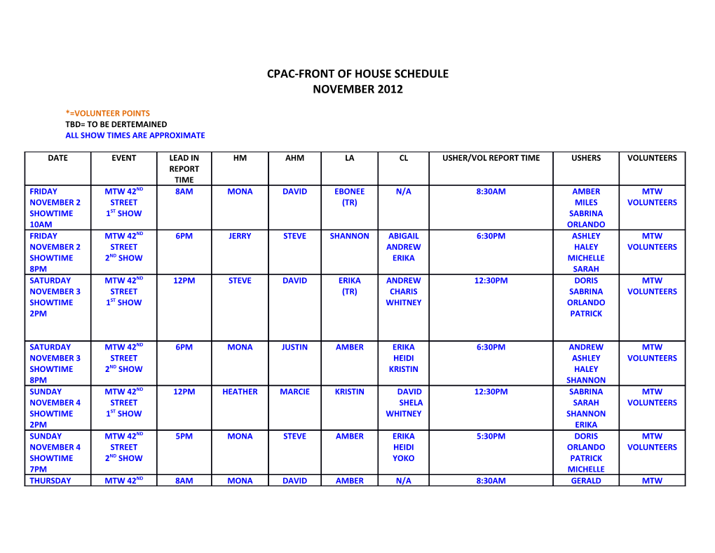 Cpac-Front of House Schedule