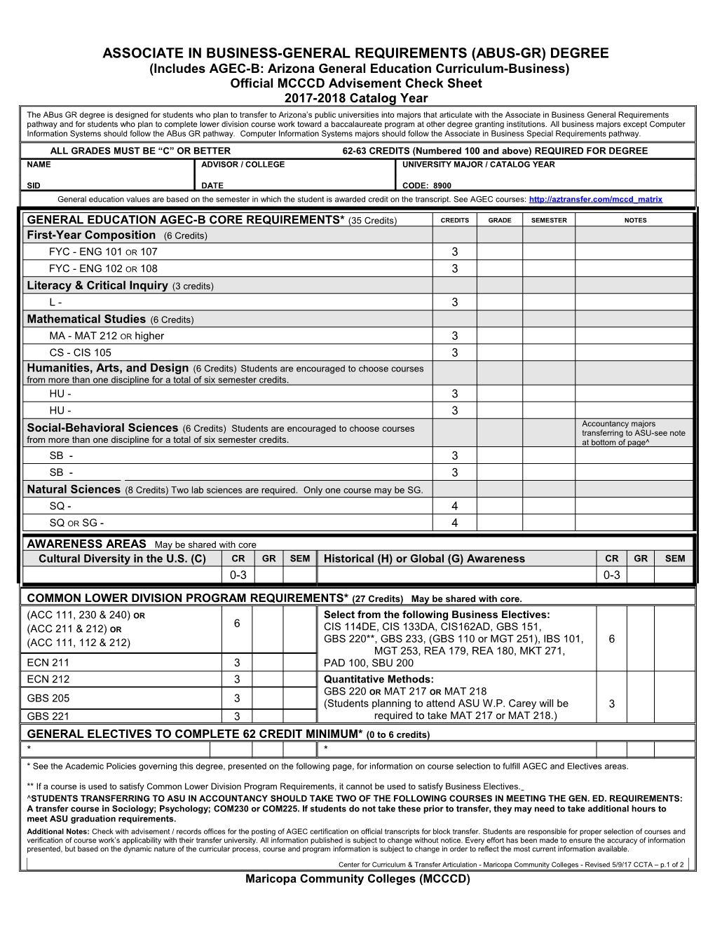 MCCCD Advisement Check Sheet for 2000-2000 Catalog Year s1