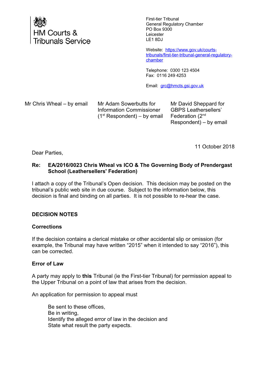 Re:EA/2016/0023 Chris Wheal Vs ICO & the Governing Body of Prendergastschool (Leathersellers'