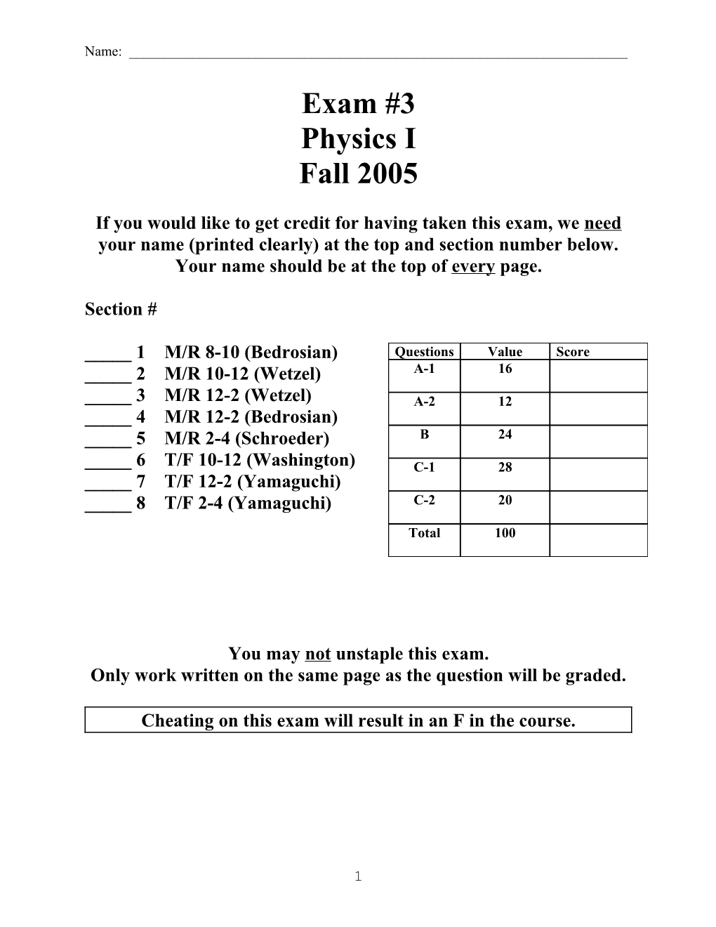 Physics I Exam 3 Spring 2003 s1