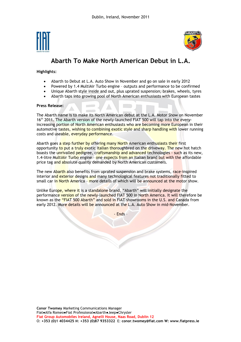 Abarth to Make North American Debut in L.A