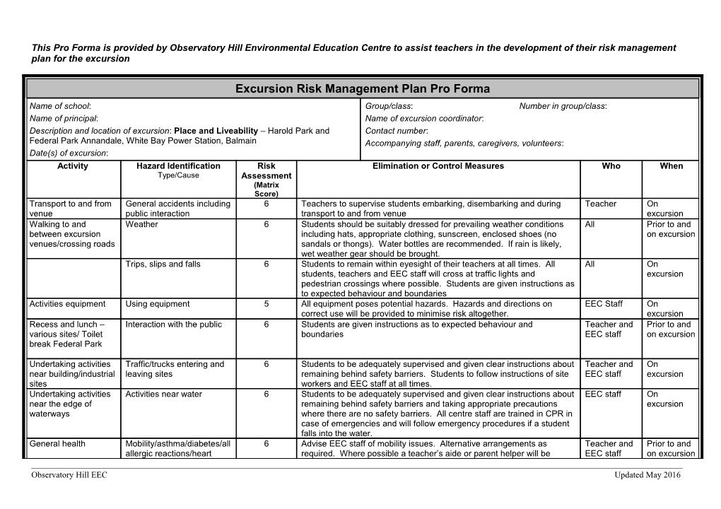 This Pro Forma Is Provided by Observatory Hill Environmental Education Centre to Assist