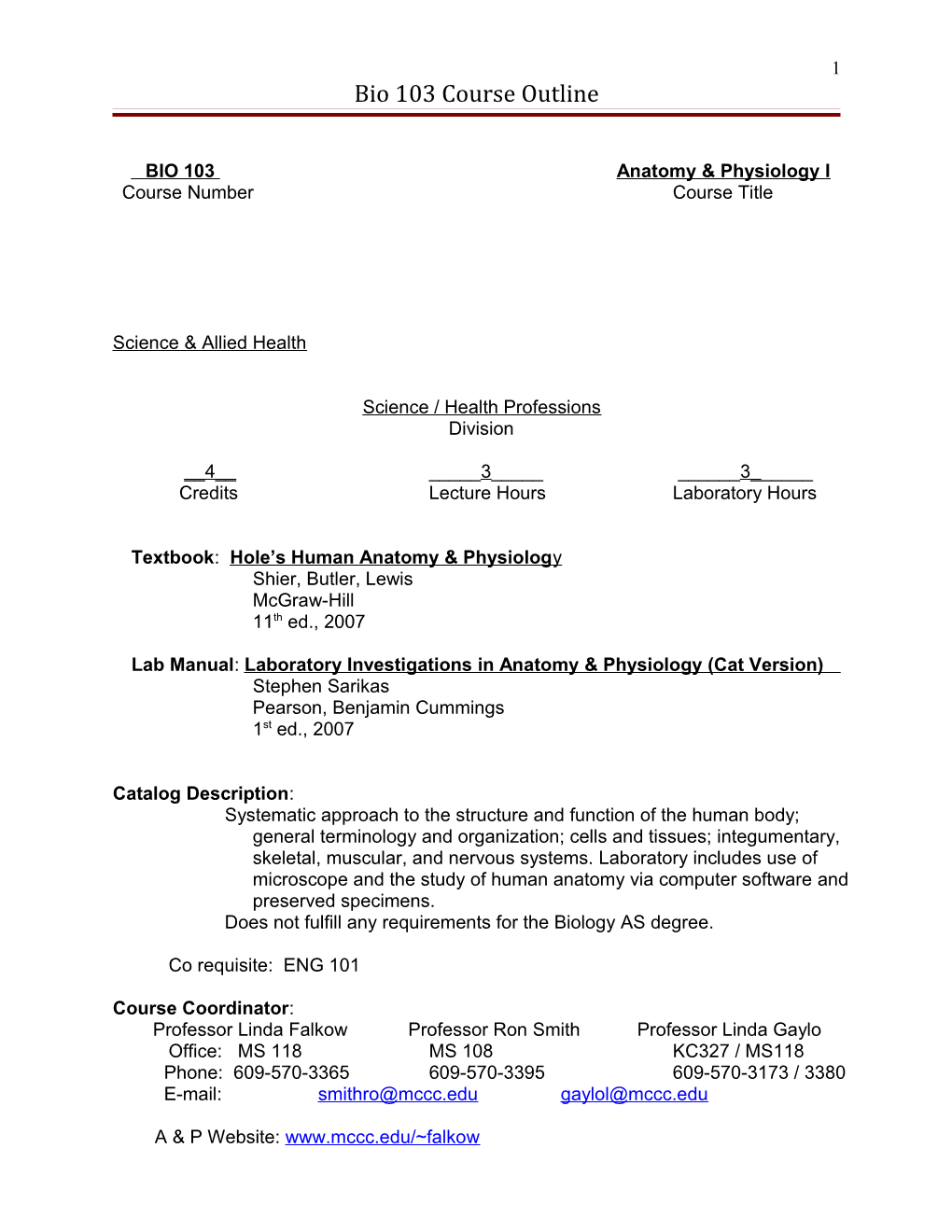 Bio 103 Course Outline