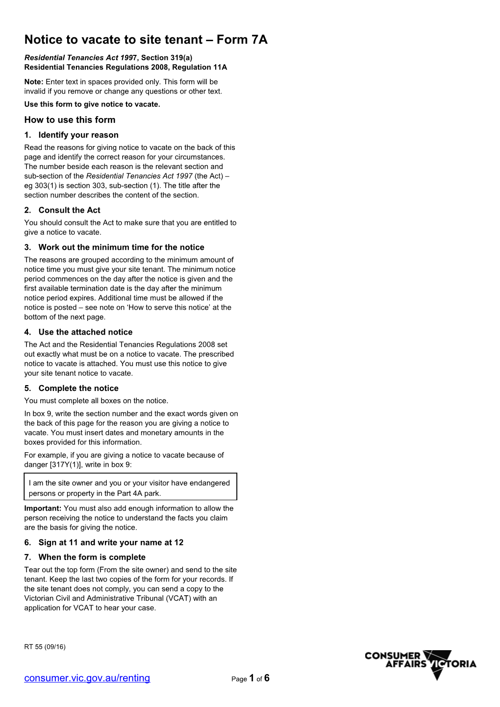 Notice to Vacate to Site Tenant Form 7A