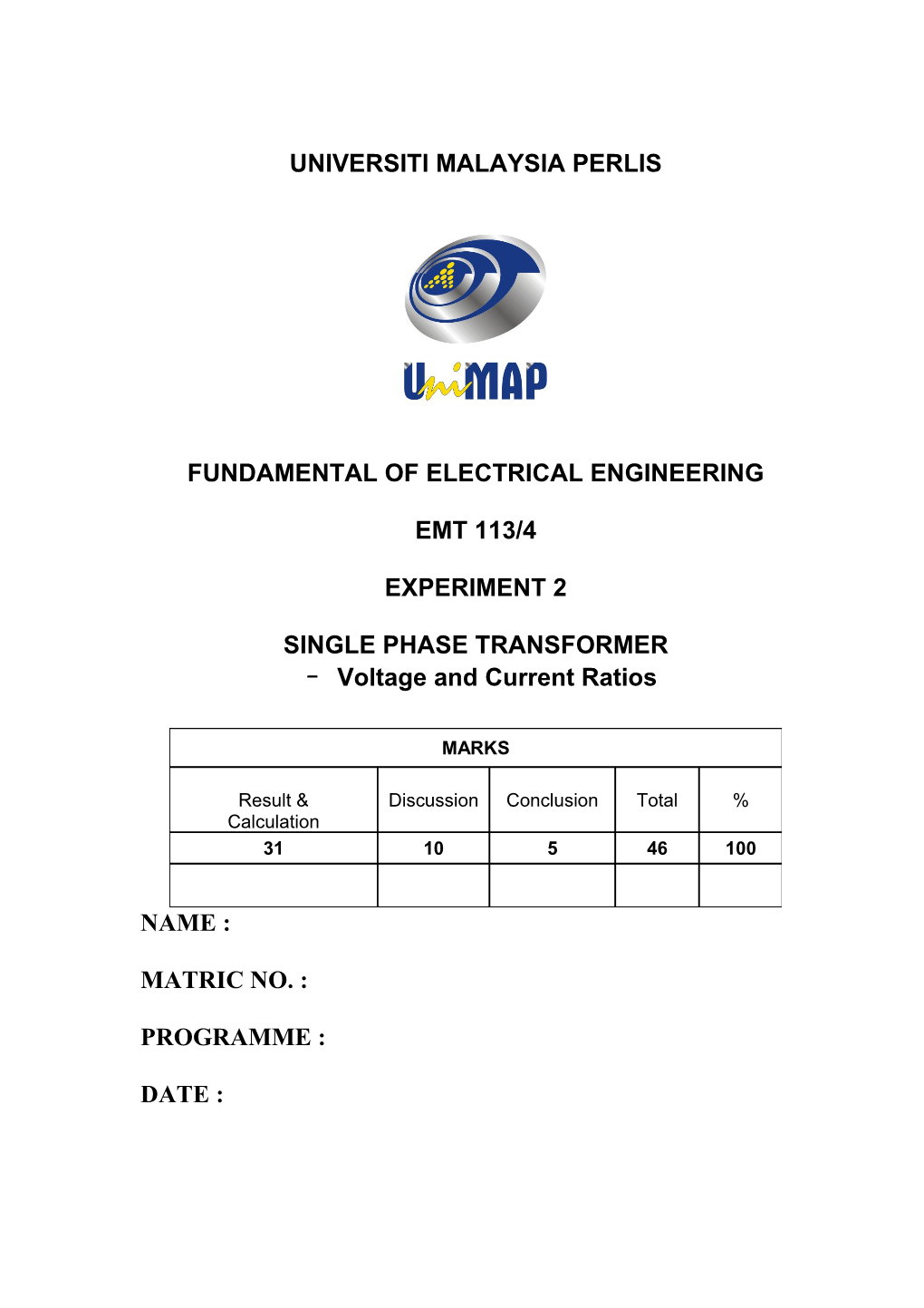 EMT113/4 Single Phase Transformer-Voltage and Current Ratios