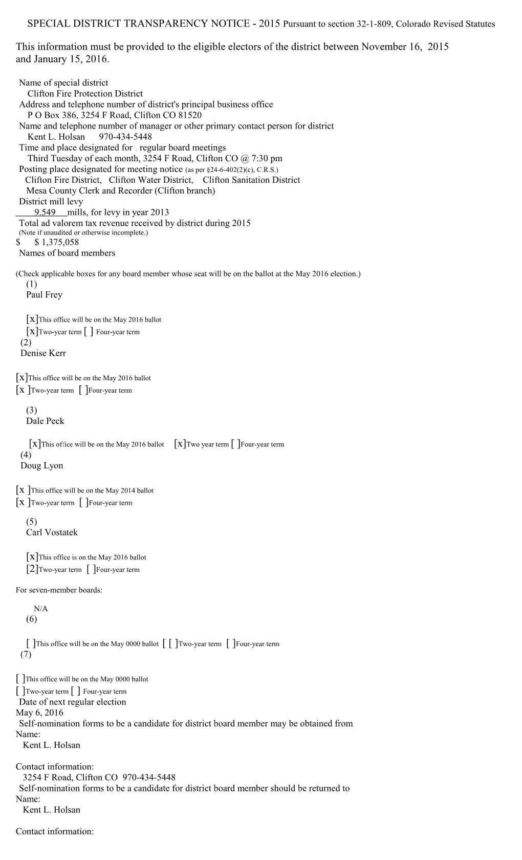 SPECIAL DISTRICT TRANSPARENCY NOTICE - 2010 Pursuant to Section 32-1-809, Colorado Revised