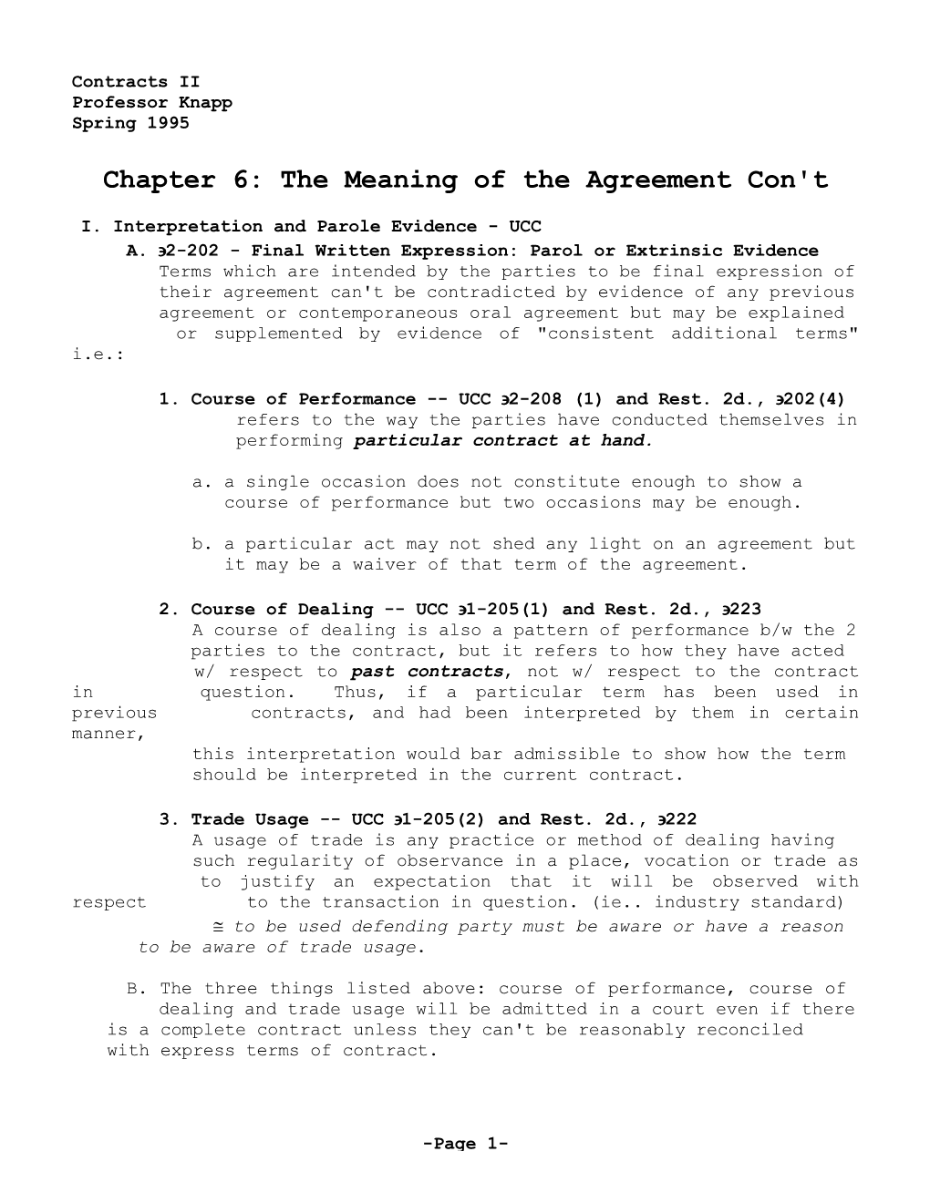 Chapter 6: the Meaning of the Agreement Con't