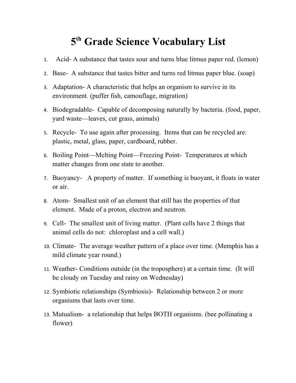 5Th Grade Science Vocabulary List