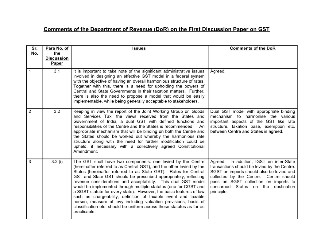 Comments of the Department of Revenue (Dor) on the First Discussion Paper on GST
