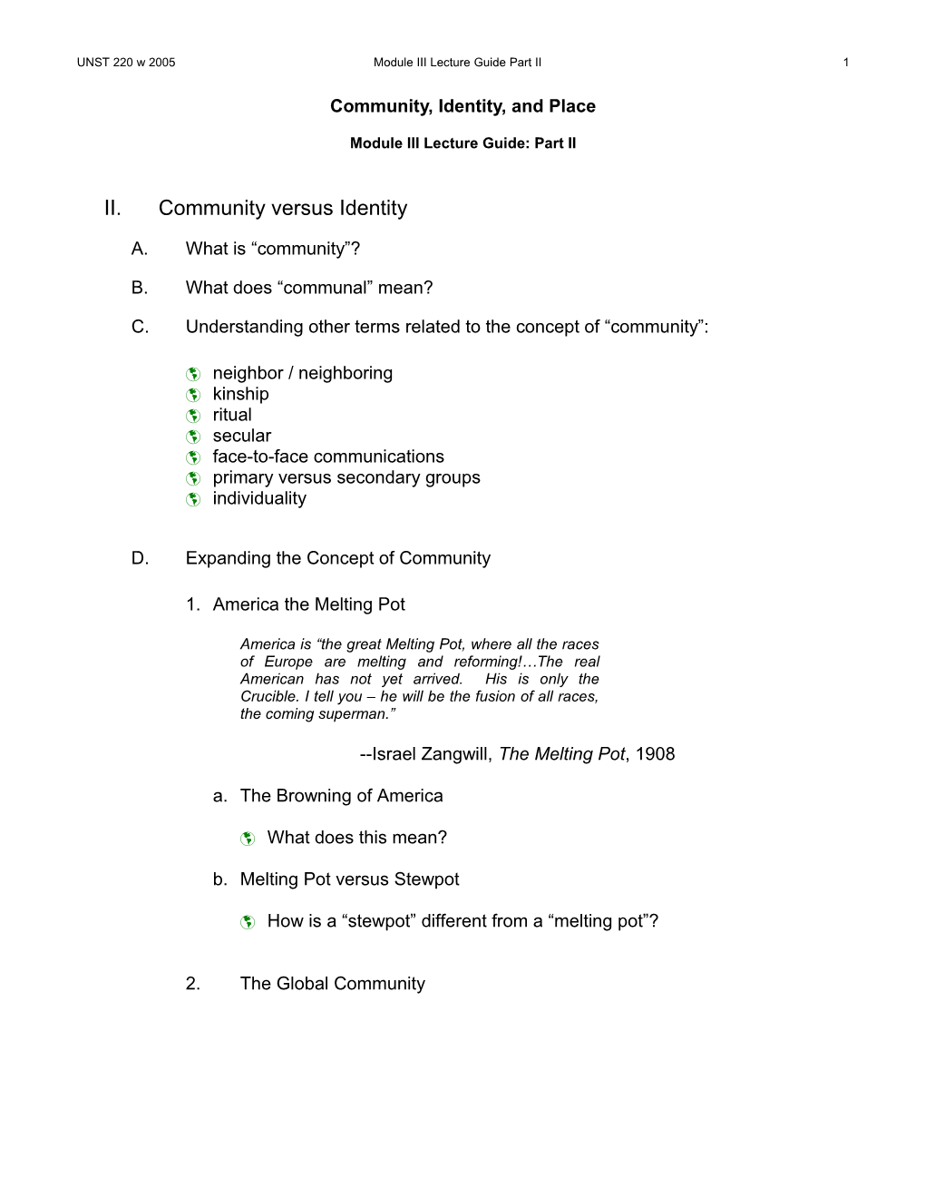 UNST 220 Understanding Communities, Module III Lecture Guide, Part II