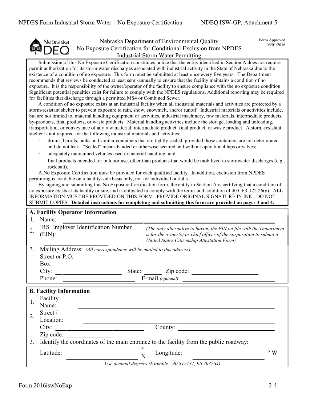 NPDES Form Industrial Storm Water No Exposure Certification NDEQ ISW-GP, Attachment 5