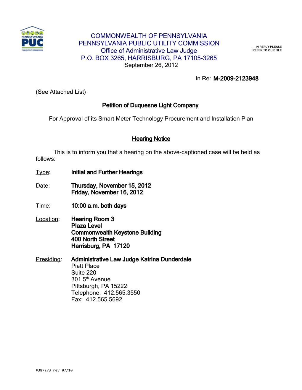 Harrisburg Hearing Notice