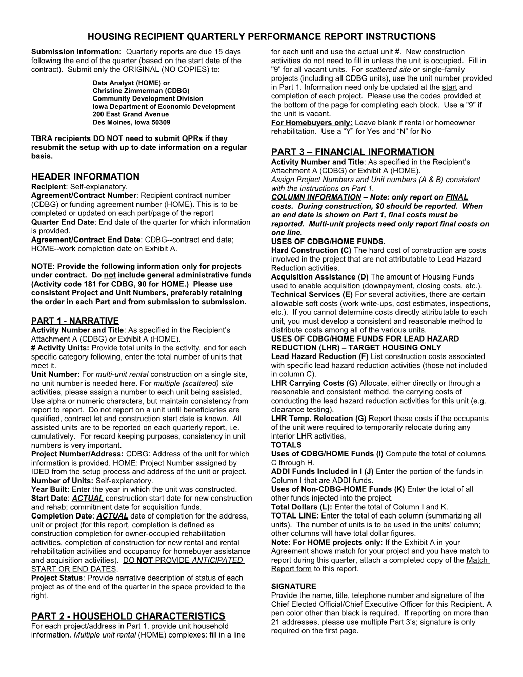 Housing Recipient Quarterly Performance Report Instructions