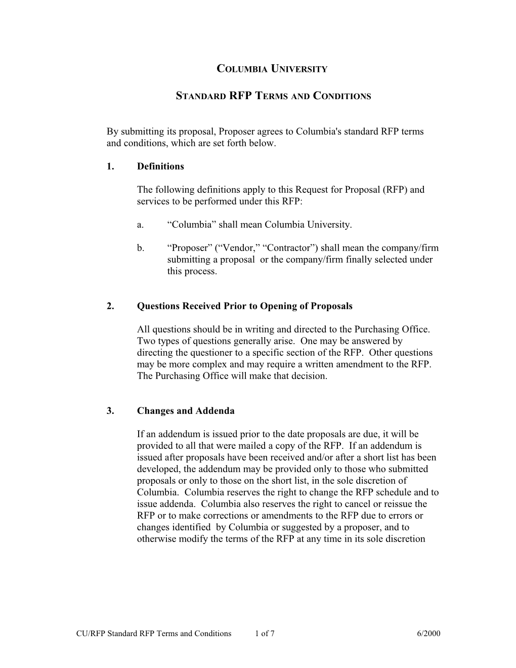 Standard RFP Terms and Conditions
