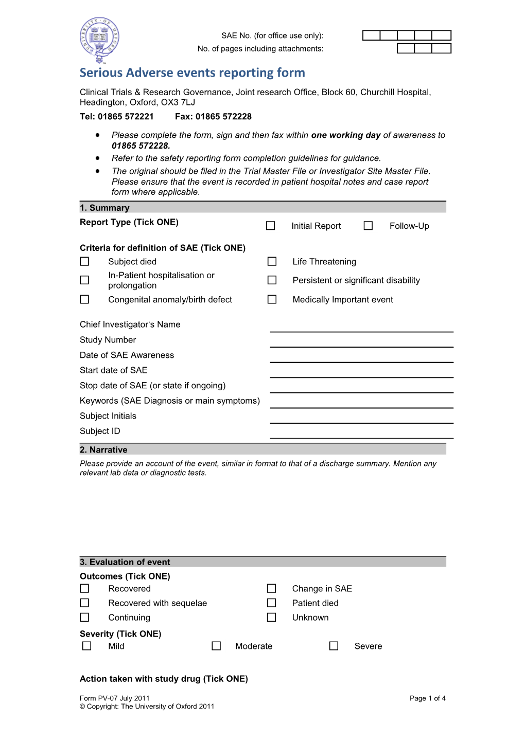 Serious Adverse Events Reporting Form
