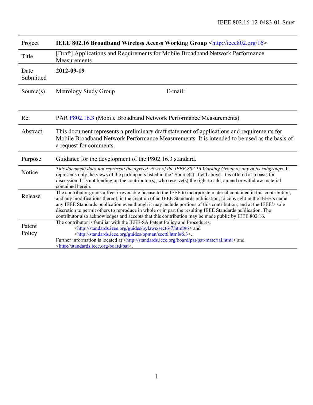 Draft Applications and Requirements for Mobile Broadband Network Performance Measurements