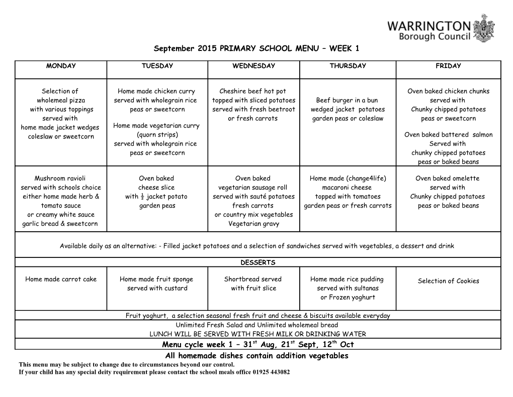 Summer 2006 Menu 1 Week Commencing s1