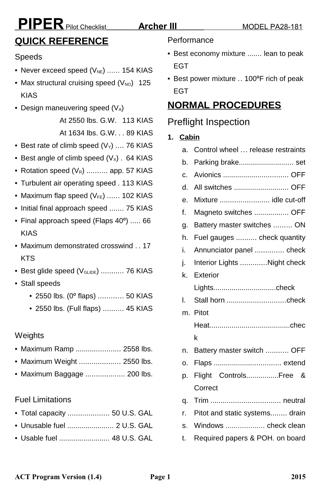 PIPER Pilot Checklist Archer III MODEL PA28-181