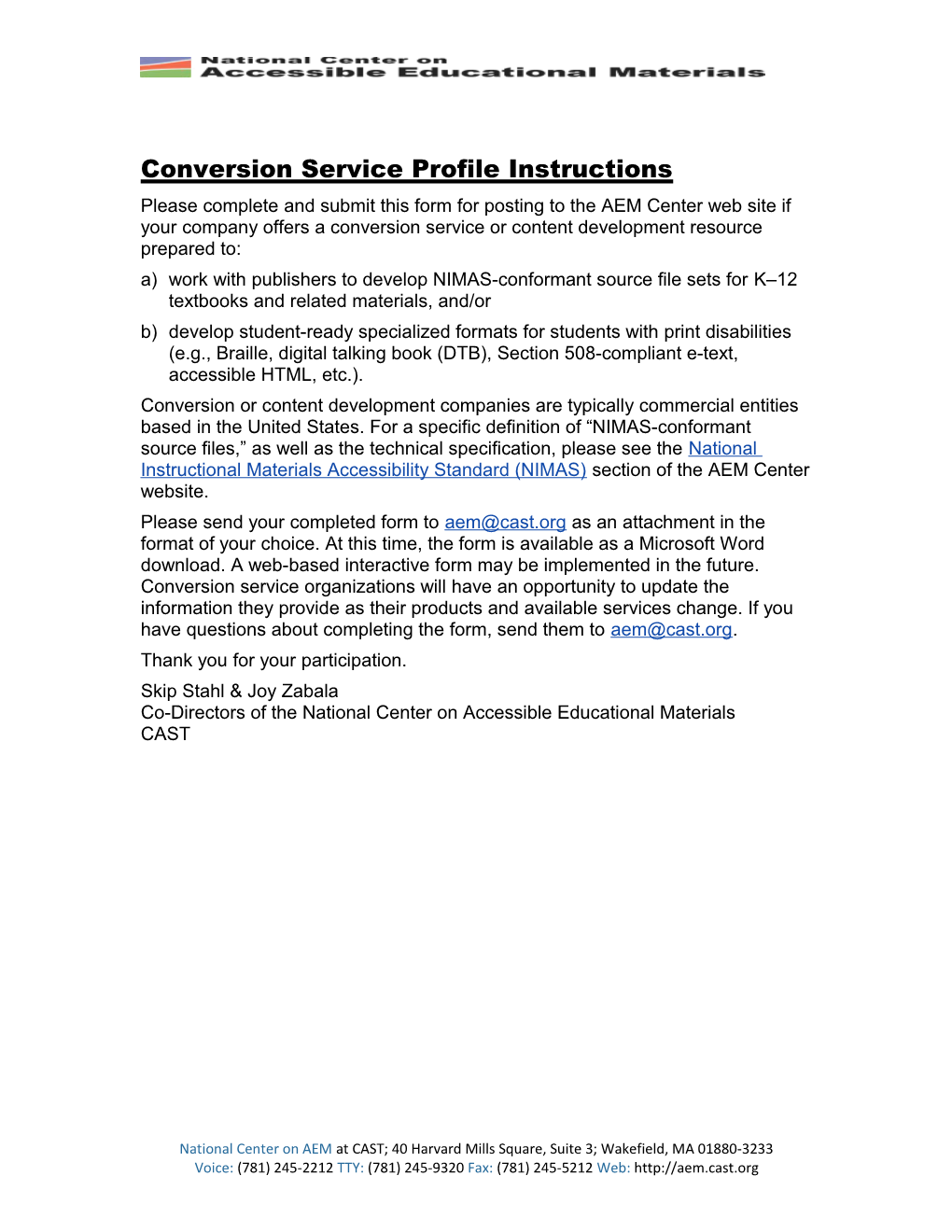 Conversion Service Profile Instructions