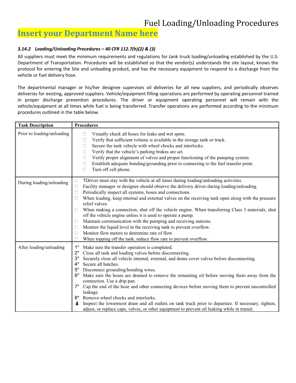 Fuel Loading/Unloading Procedures