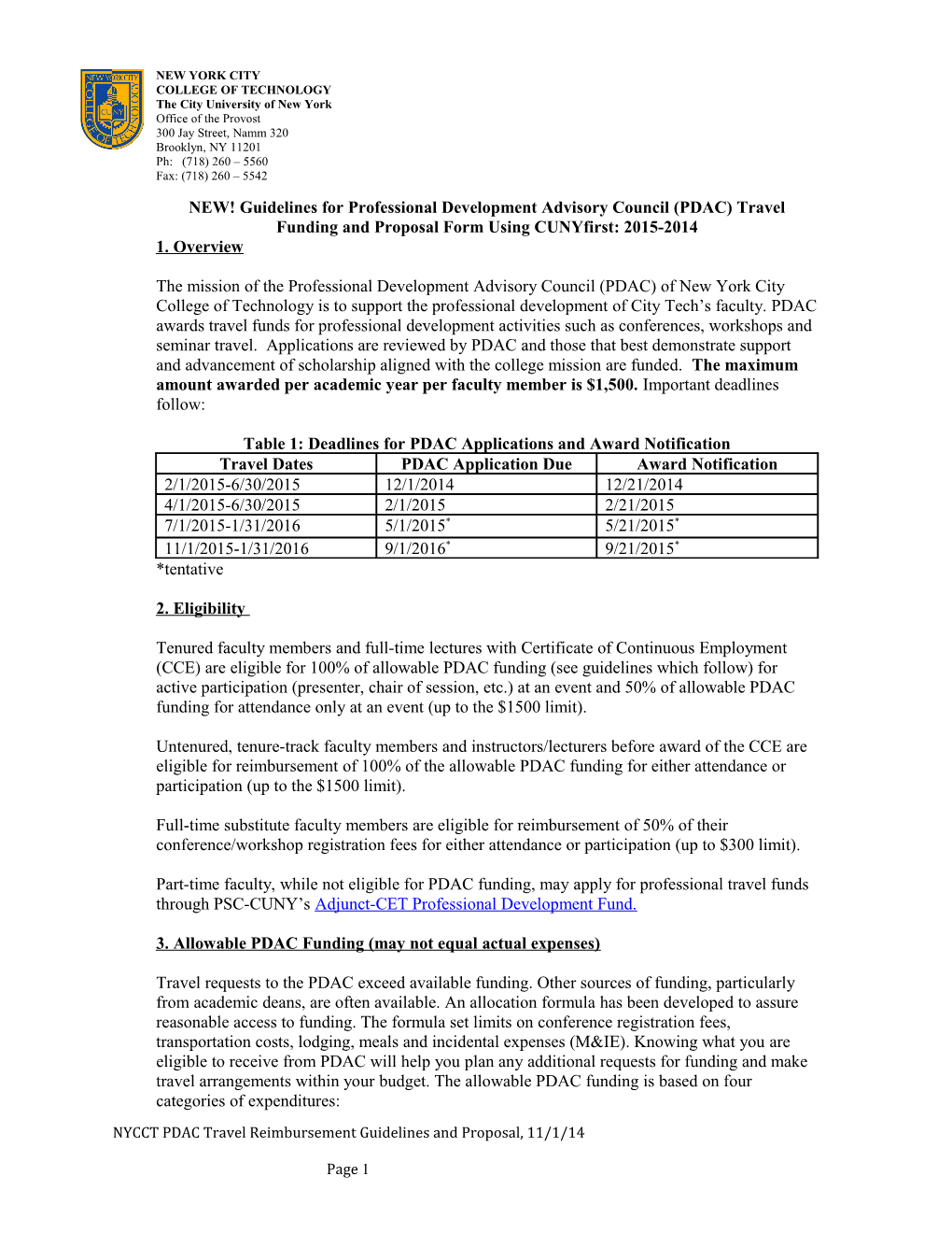 NYCCT PDAC Travel Reimbursement Guidelines and Proposal, 11/1/14