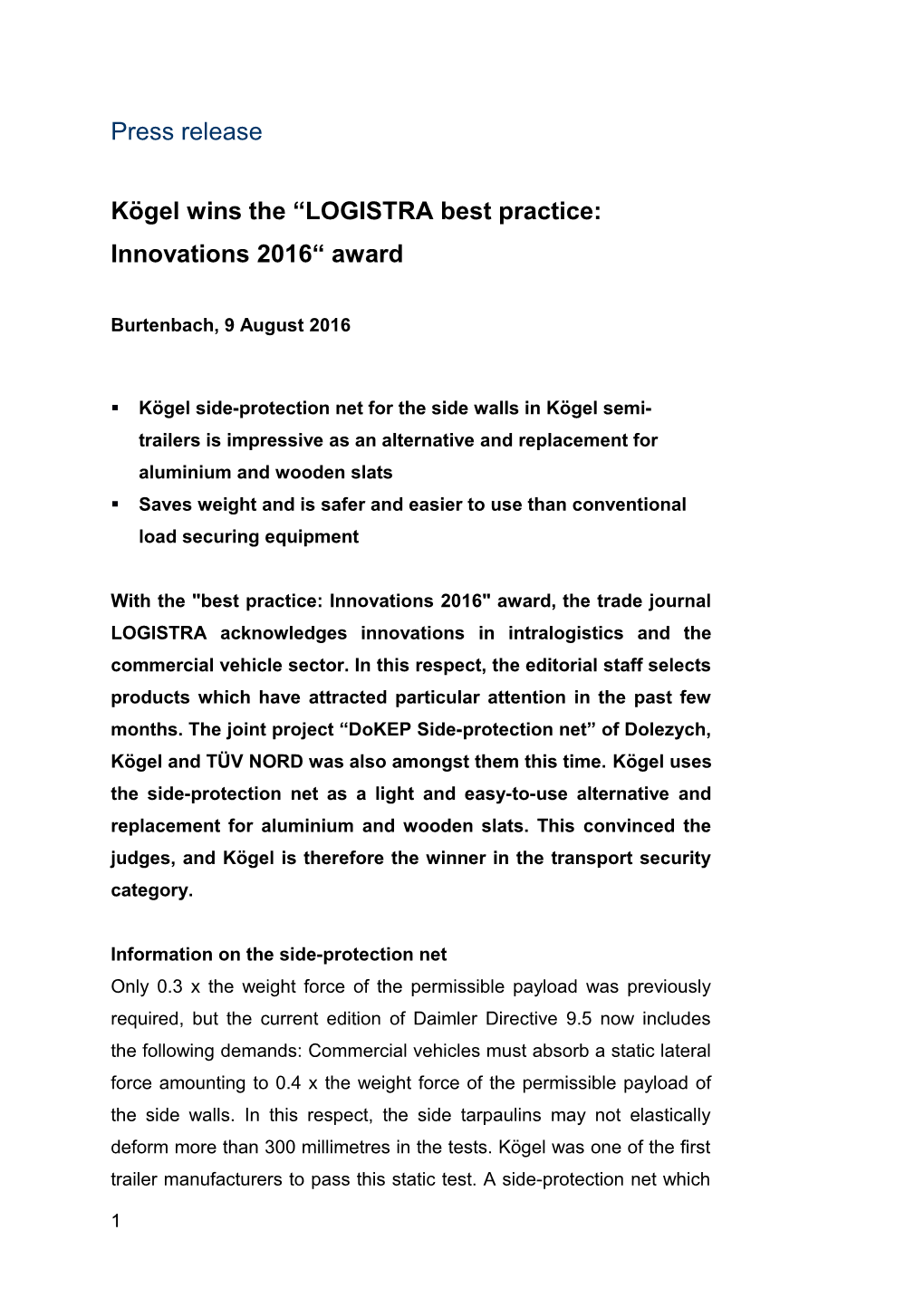 Kögel Wins the LOGISTRA Best Practice: Innovations 2016 Award
