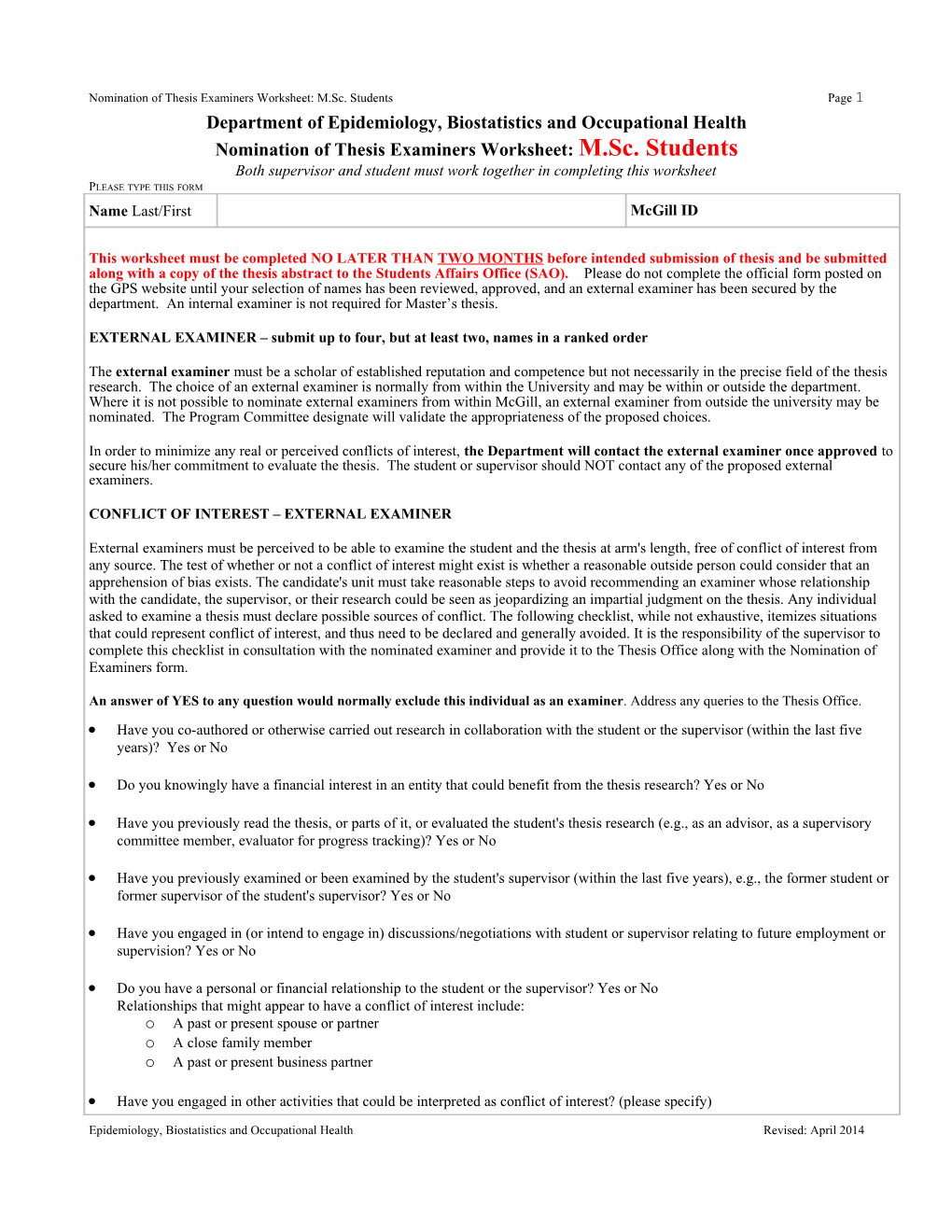 Nomination of Internal-External Examiners: Worksheet