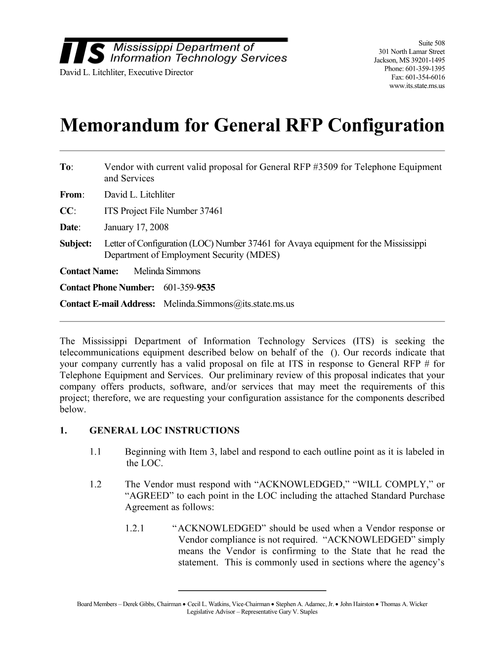 Memorandum for General RFP Configuration s3
