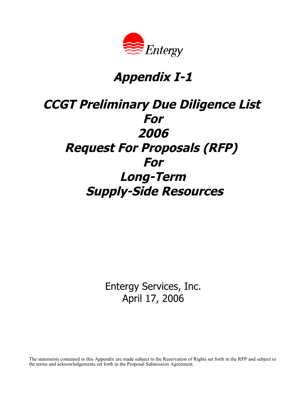 CCGT Preliminary Due Diligence List for 2006 Request for Proposals (RFP) For