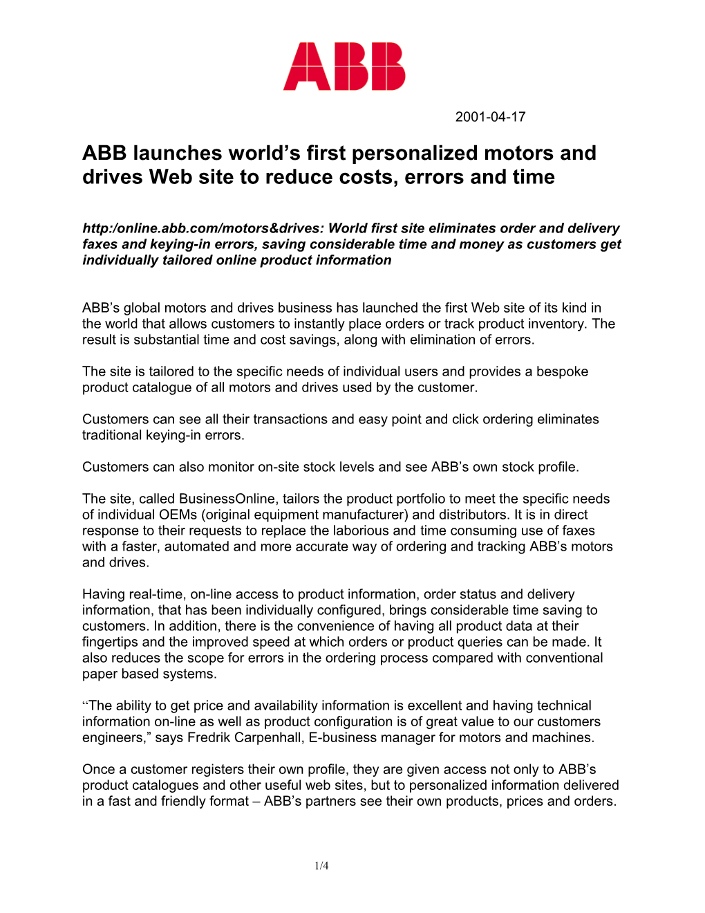 ABB Launches World S First Personalized Motors and Drives Web Site to Reduce Costs, Errors