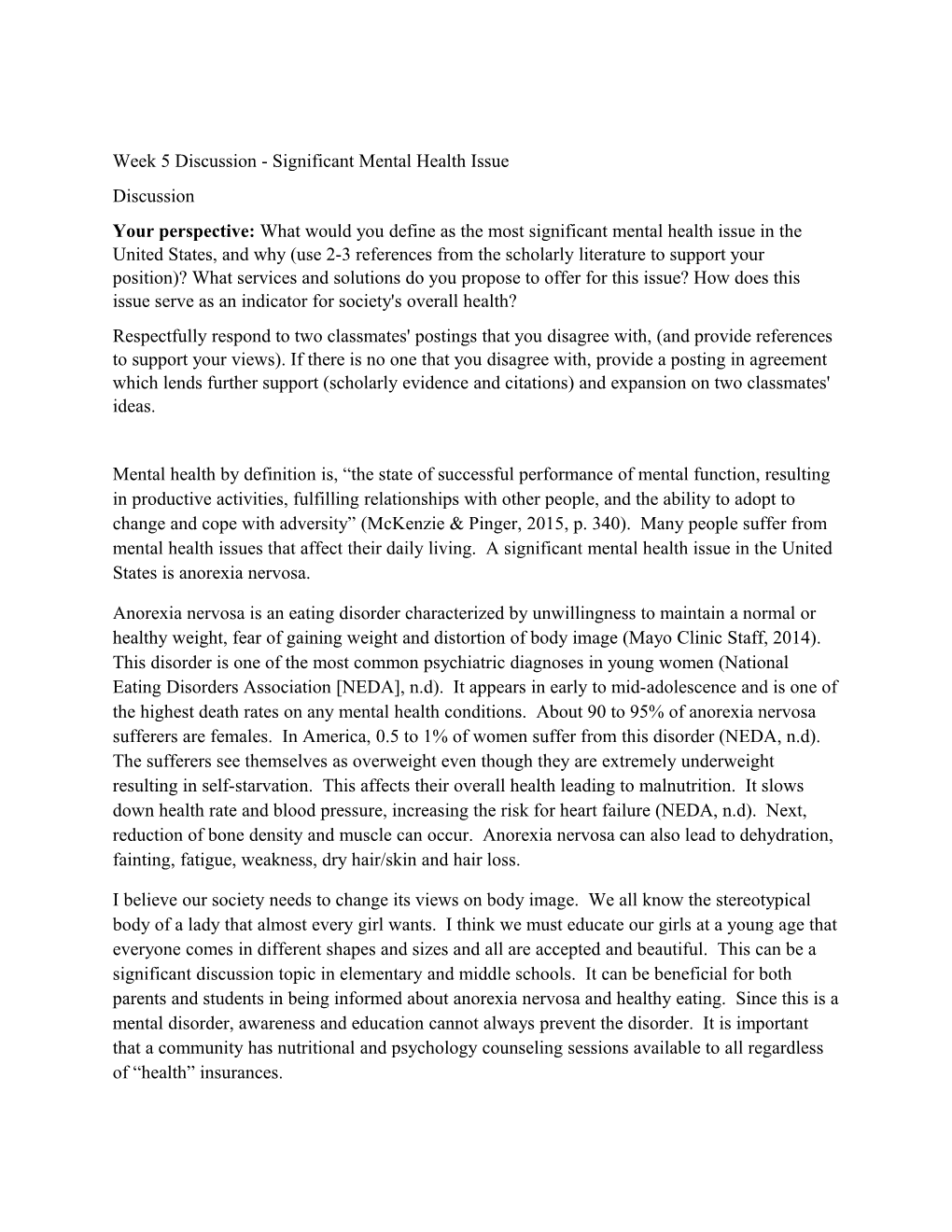 Week 5 Discussion - Significant Mental Health Issue