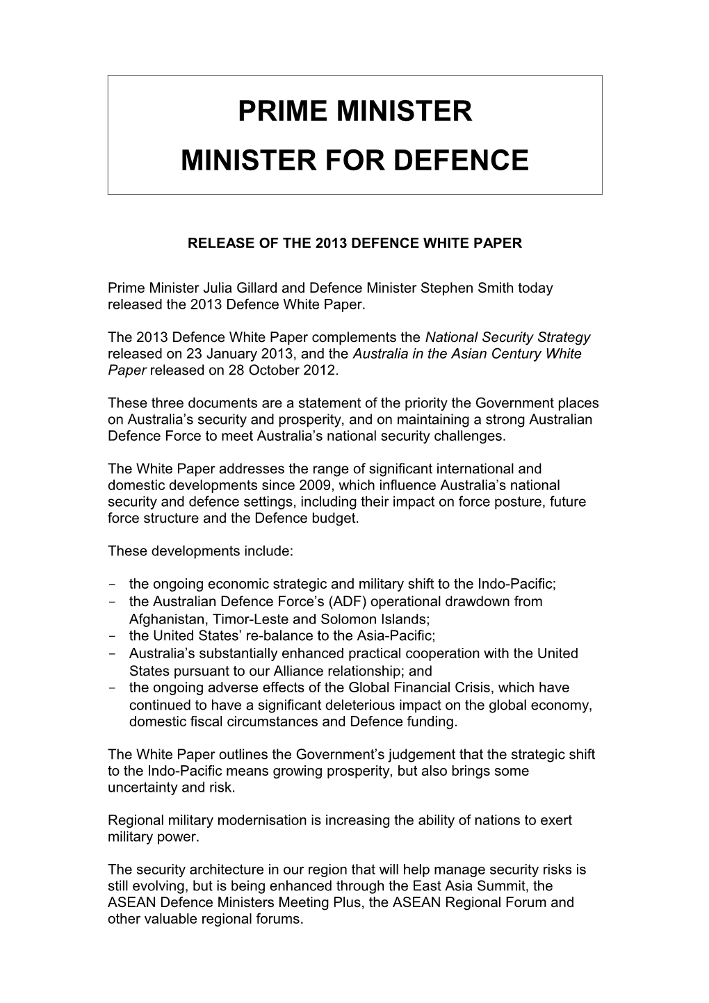 Release of the 2013 Defence White Paper