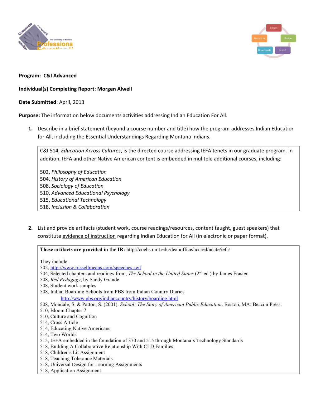 Individual(S) Completing Report: Morgen Alwell