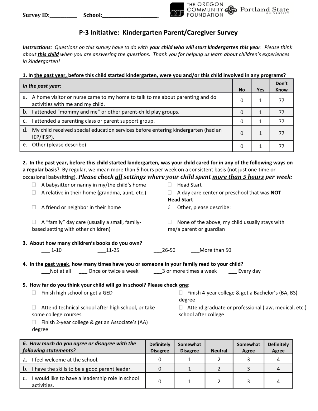 P-3 Initiative: Kindergarten Parent/Caregiversurvey